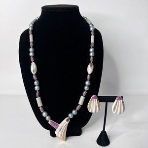 Vintage Chunky Long Necklace and Earring Set White Purple Gold Tone
